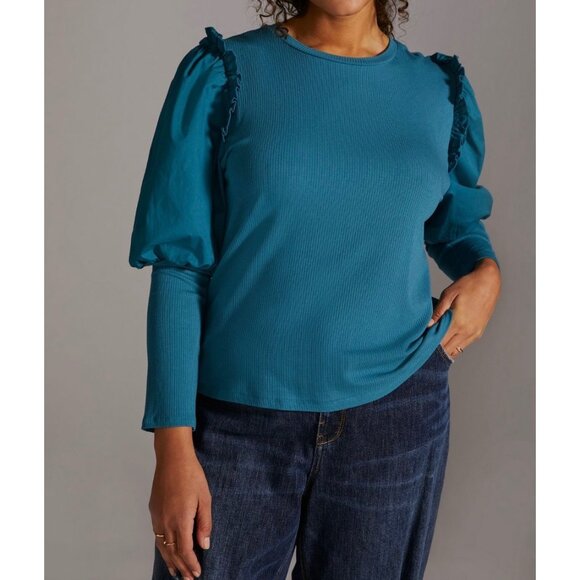 Anthropologie Sunday In Brooklyn Ruffled Contrast Top Size 3X Turquoise - Picture 1 of 6